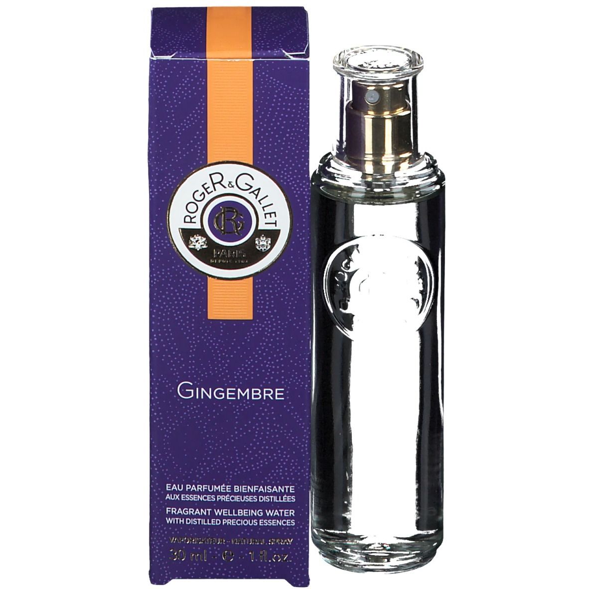 Flacone in vetro con vaporizzatore e confezione. Flacone e confezione con logo e nome del prodotto.