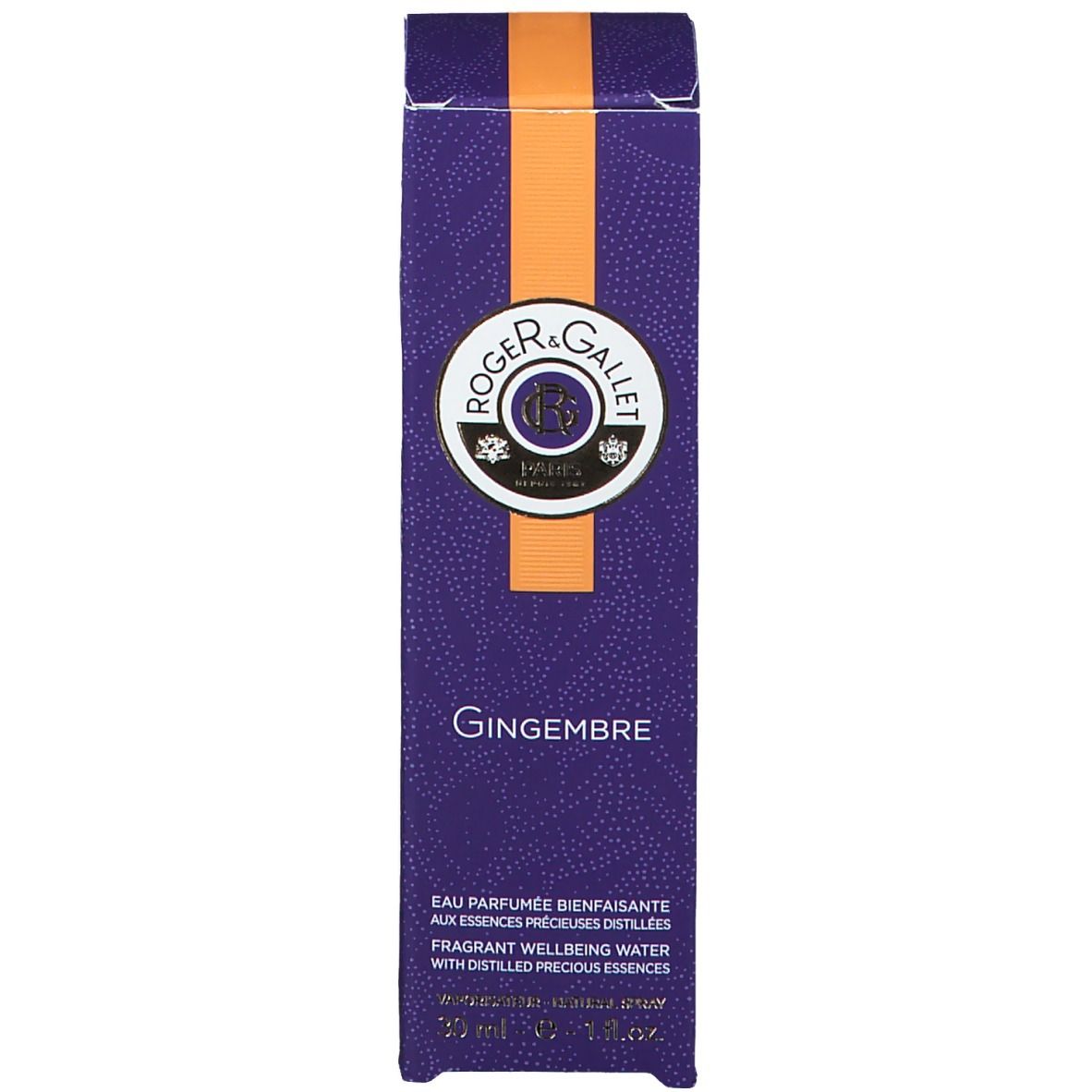 Confezione. Rettangolare, viola con una striscia arancione. Logo e nome del prodotto.