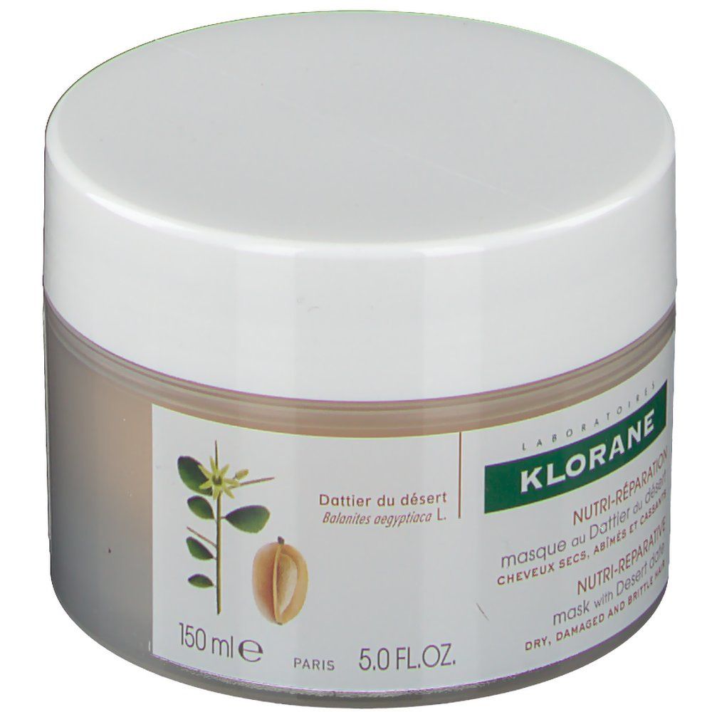 Barattolo di crema con coperchio bianco. Scritta: KLORANE, Nutri-Riparazione, maschera alla dattero del deserto. 150 ml.