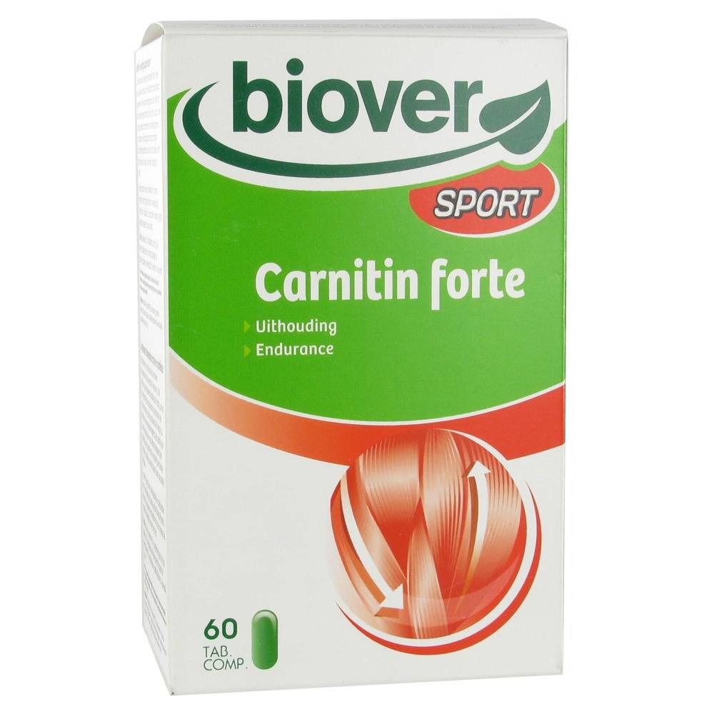 Confezione con design verde e rosso. Scritta: Biover Sport Carnitin forte. 60 compresse.