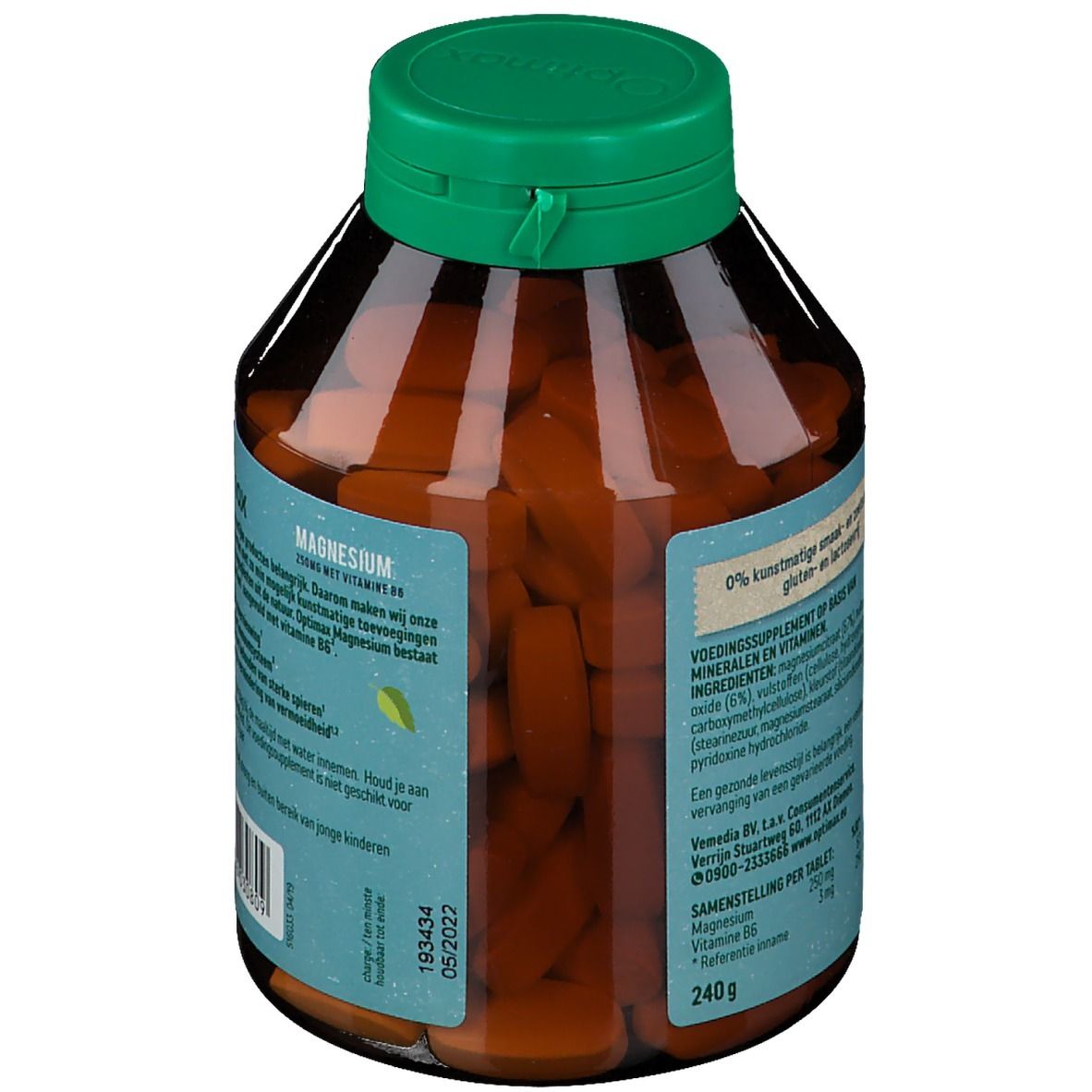 Retro di un flacone marrone con tappo verde. Testo: Optimax Magnesium. Ingredienti, data di scadenza 05/2022.