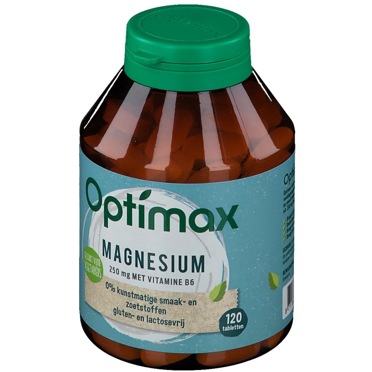 Flacone marrone con tappo verde. Scritta: Optimax Magnesium 250 mg con vitamina B6. 120 compresse.