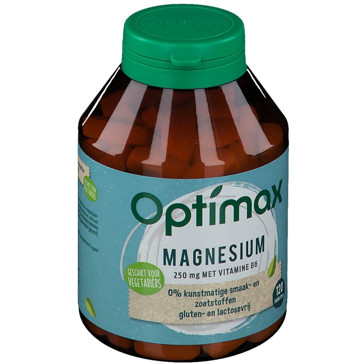 Flacone marrone con tappo verde. Scritta: Optimax Magnesium 250 mg con vitamina B6. 120 compresse. Adatto ai vegetariani.