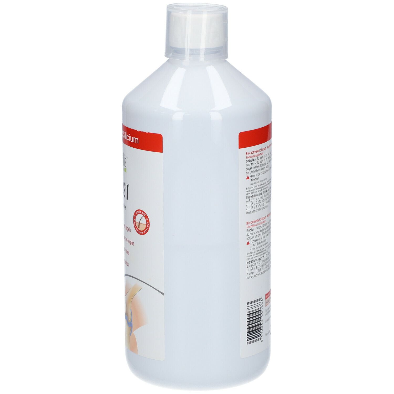 Flacone bianco, vista laterale. Etichetta rossa con testo. Scritta: physalis PureSil. Logo vegano.