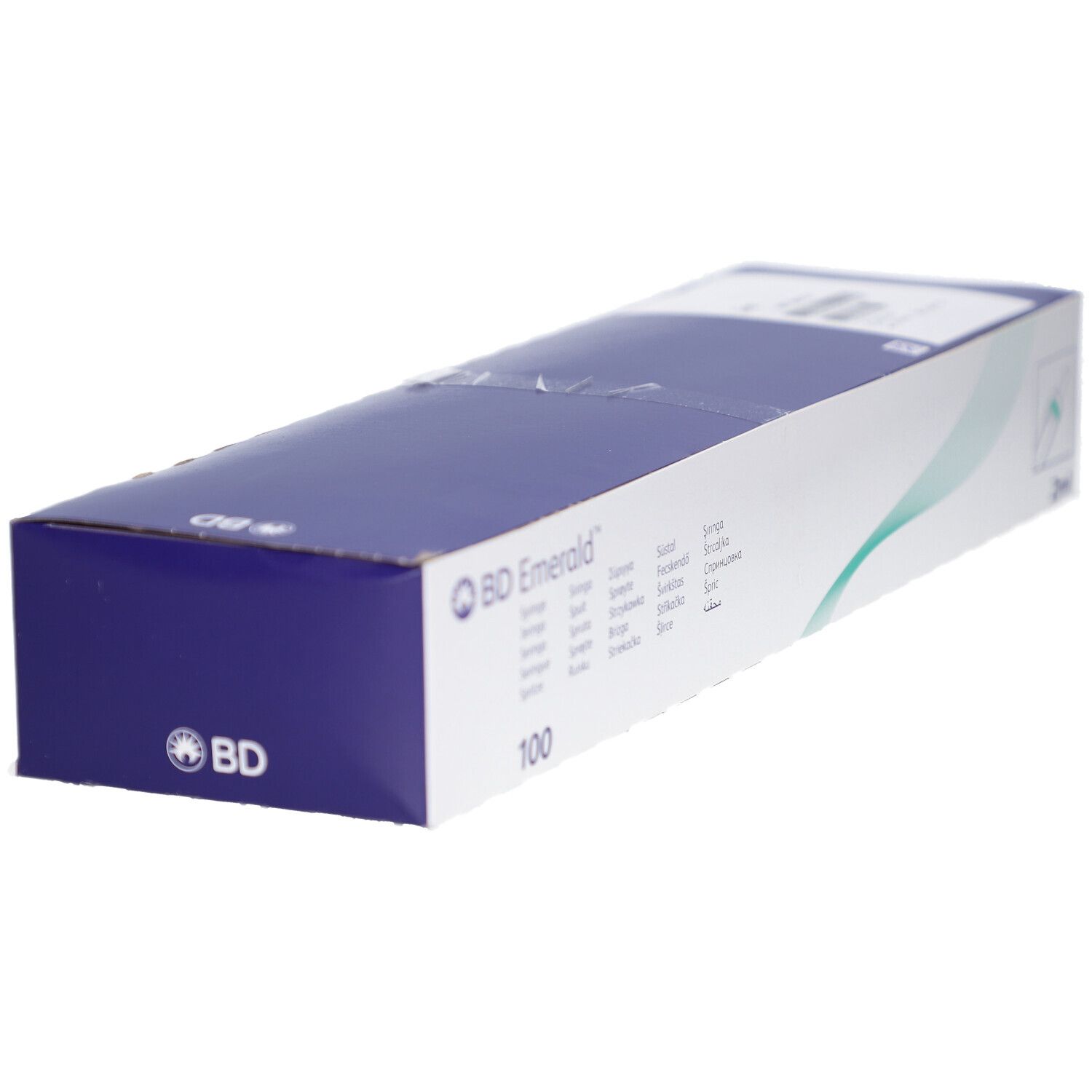 Confezione in cartone bianco e blu, logo e dettagli del prodotto. Contiene 100 siringhe. Logo BD Emerald.