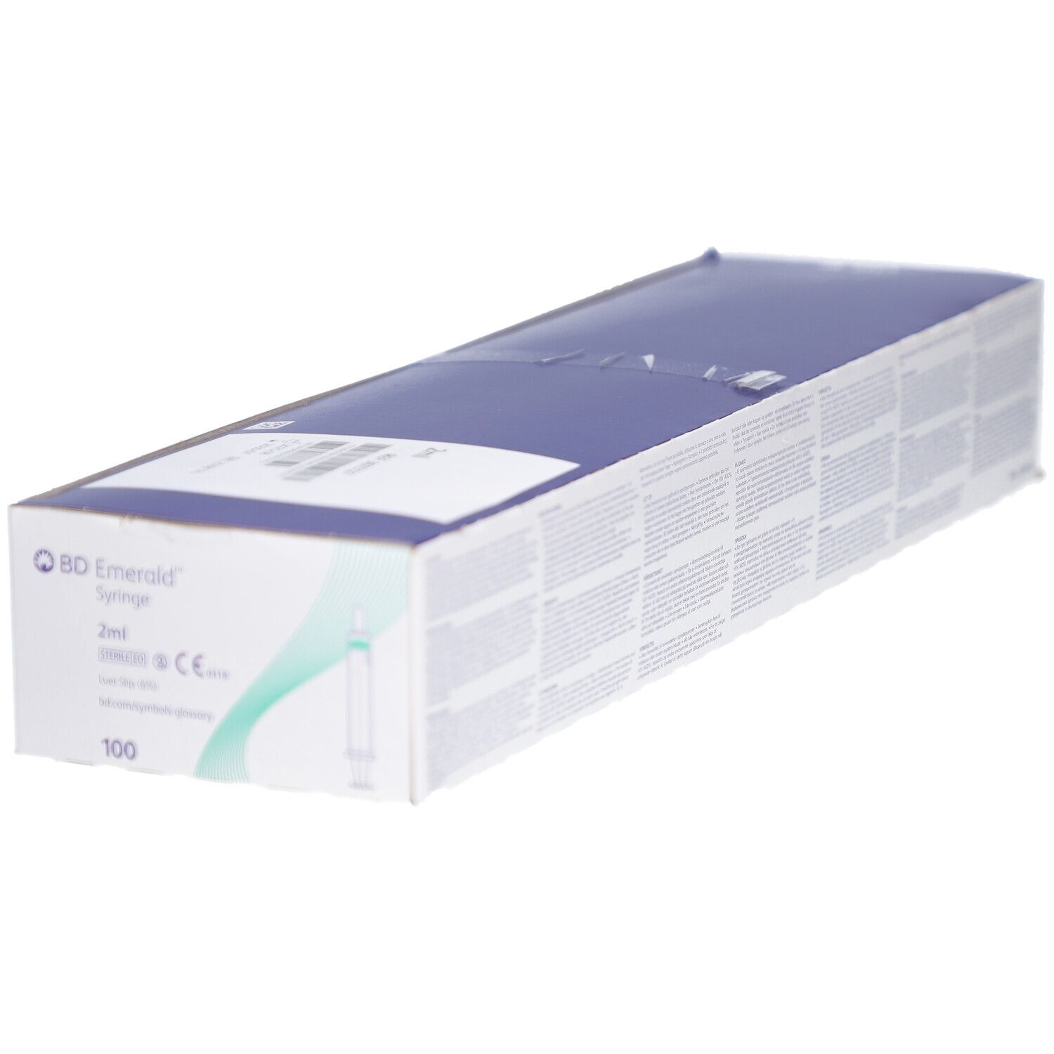 Confezione in cartone bianco e blu, logo e dettagli del prodotto. Contiene 100 siringhe. Marcatura 2 ml.