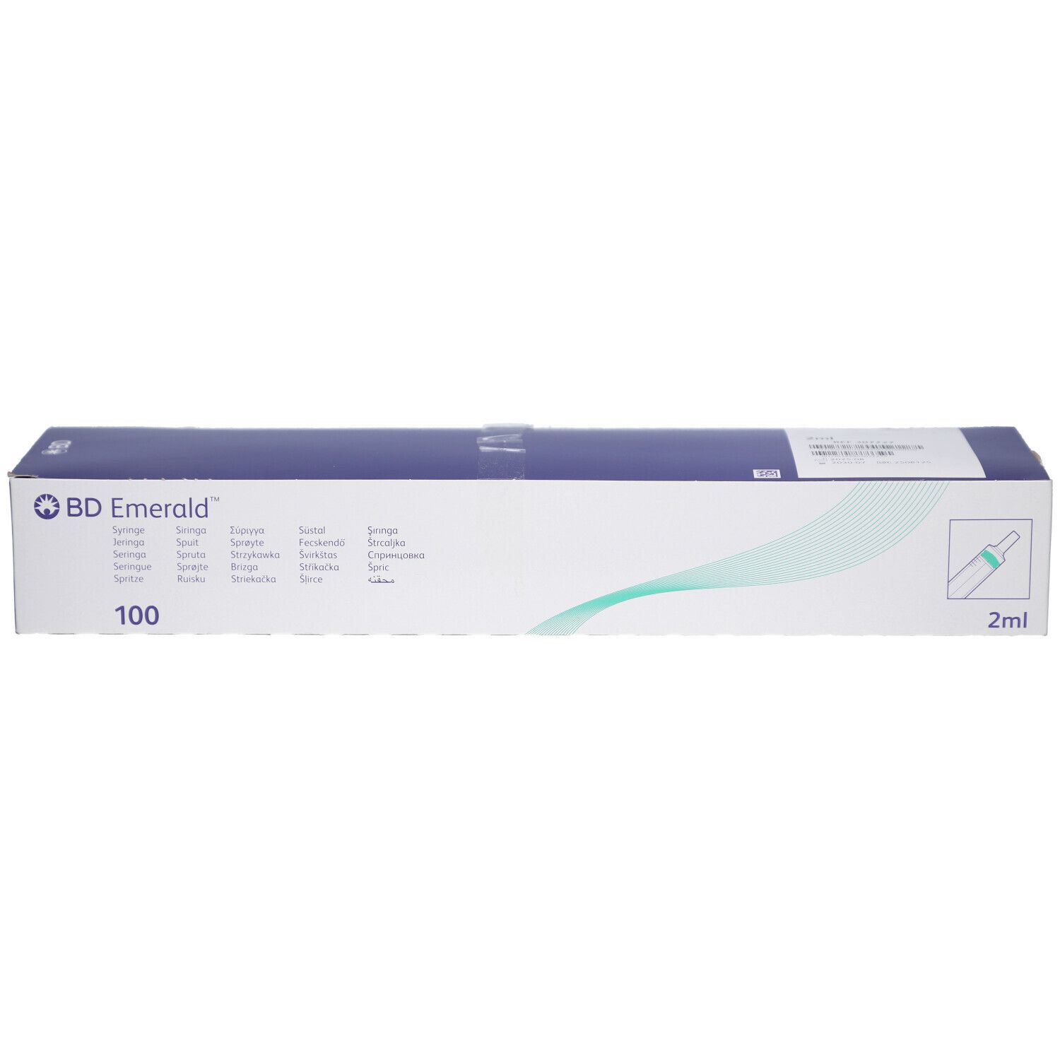 Confezione in cartone bianco e blu, logo e dettagli del prodotto. Contiene 100 siringhe. Marcatura 2 ml.