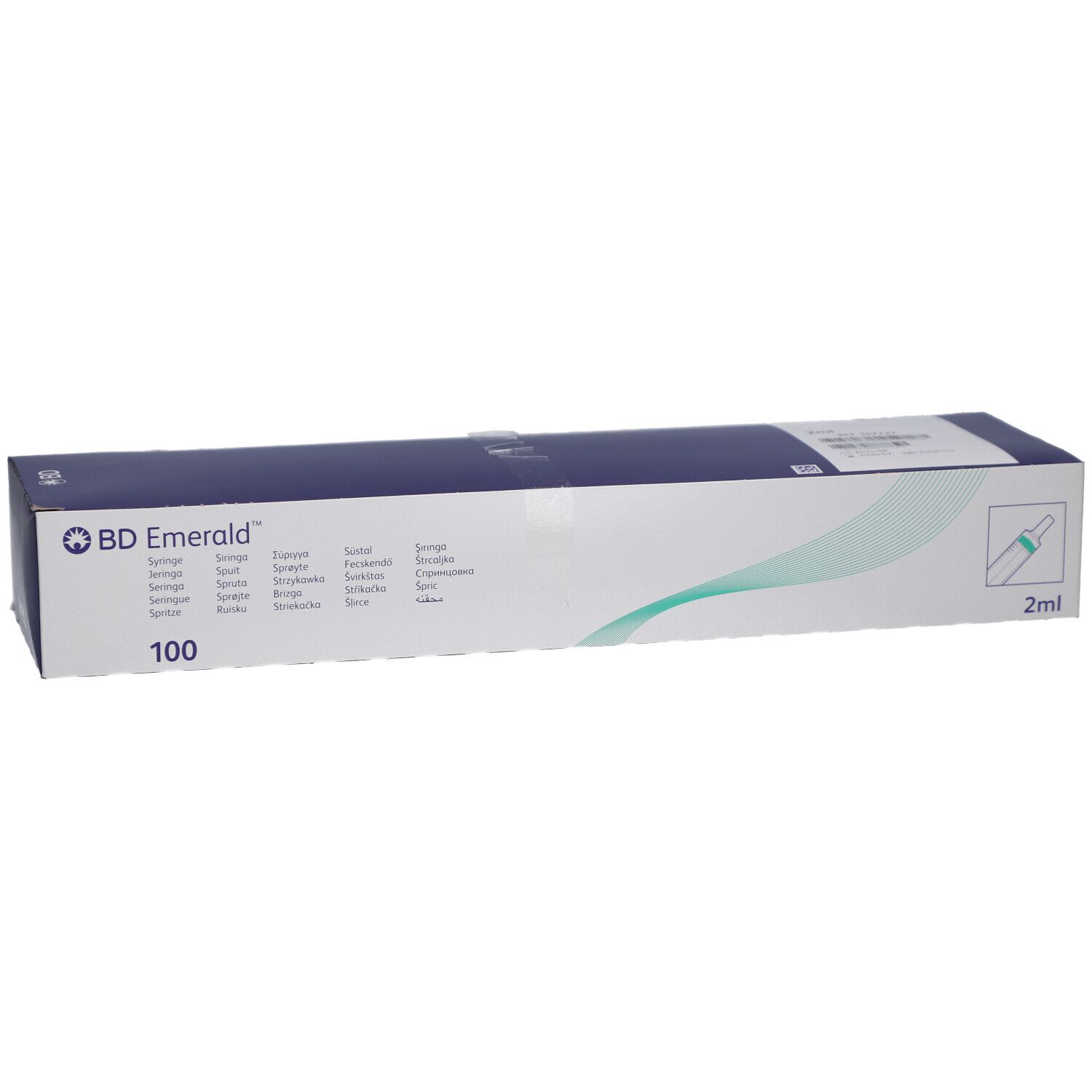 Confezione in cartone bianco e blu, logo e dettagli del prodotto. Contiene 100 siringhe. Marcatura 2 ml.