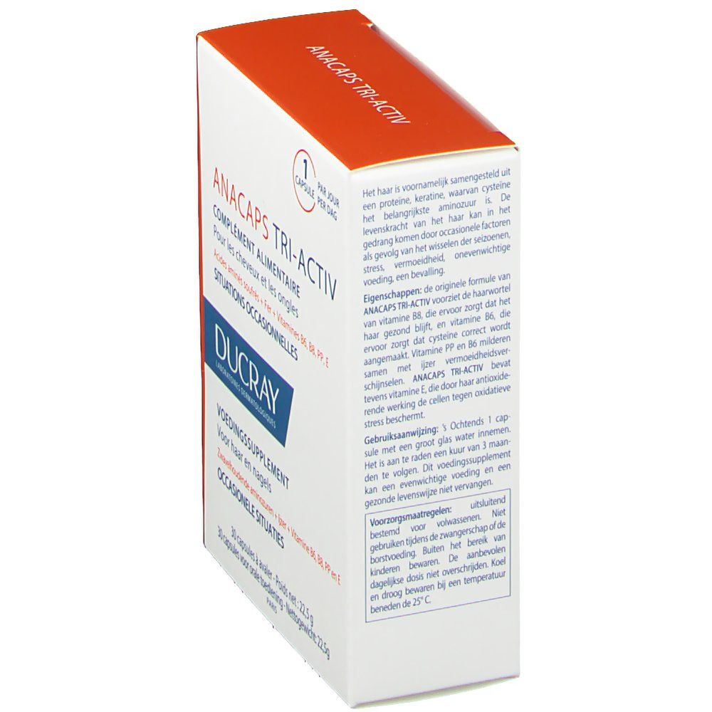 Scatola DUCRAY ANACAPS TRI-ACTIV. Bianca, arancione e blu. Testo: "COMPLEMENT ALIMENTAIRE". 30 capsule.