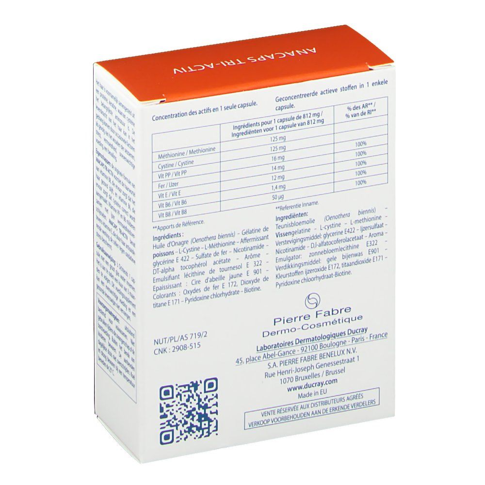 Retro della scatola DUCRAY ANACAPS TRI-ACTIV. Contiene informazioni sugli ingredienti e sui valori nutrizionali.