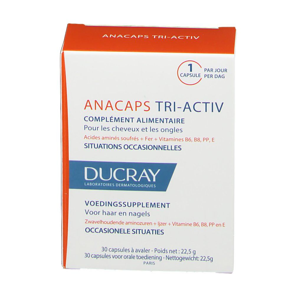 Fronte della scatola DUCRAY ANACAPS TRI-ACTIV. Bianca, arancione e blu. Testo: "COMPLEMENT ALIMENTAIRE".