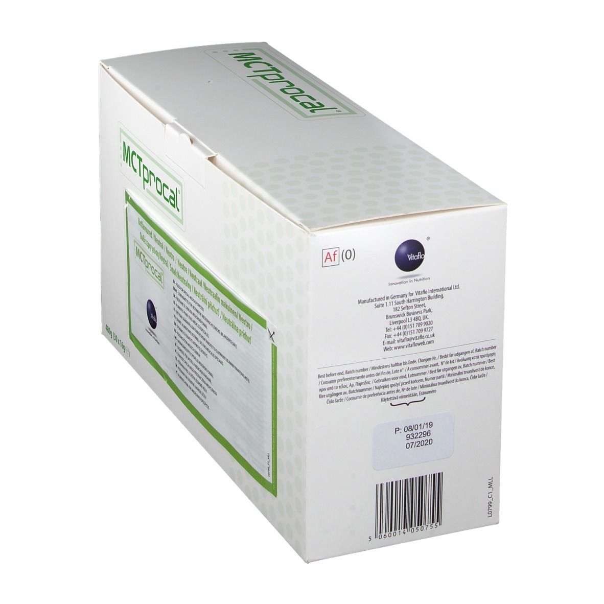 Confezione in cartone con cornice verde e scritta MCTprocal. Informazioni e codice a barre sul lato. Indirizzo del produttore.