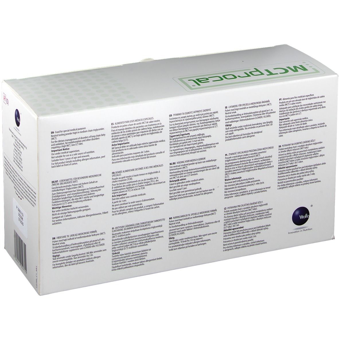 Confezione in cartone con cornice verde e scritta MCTprocal. Retro con testo in più lingue. Logo.