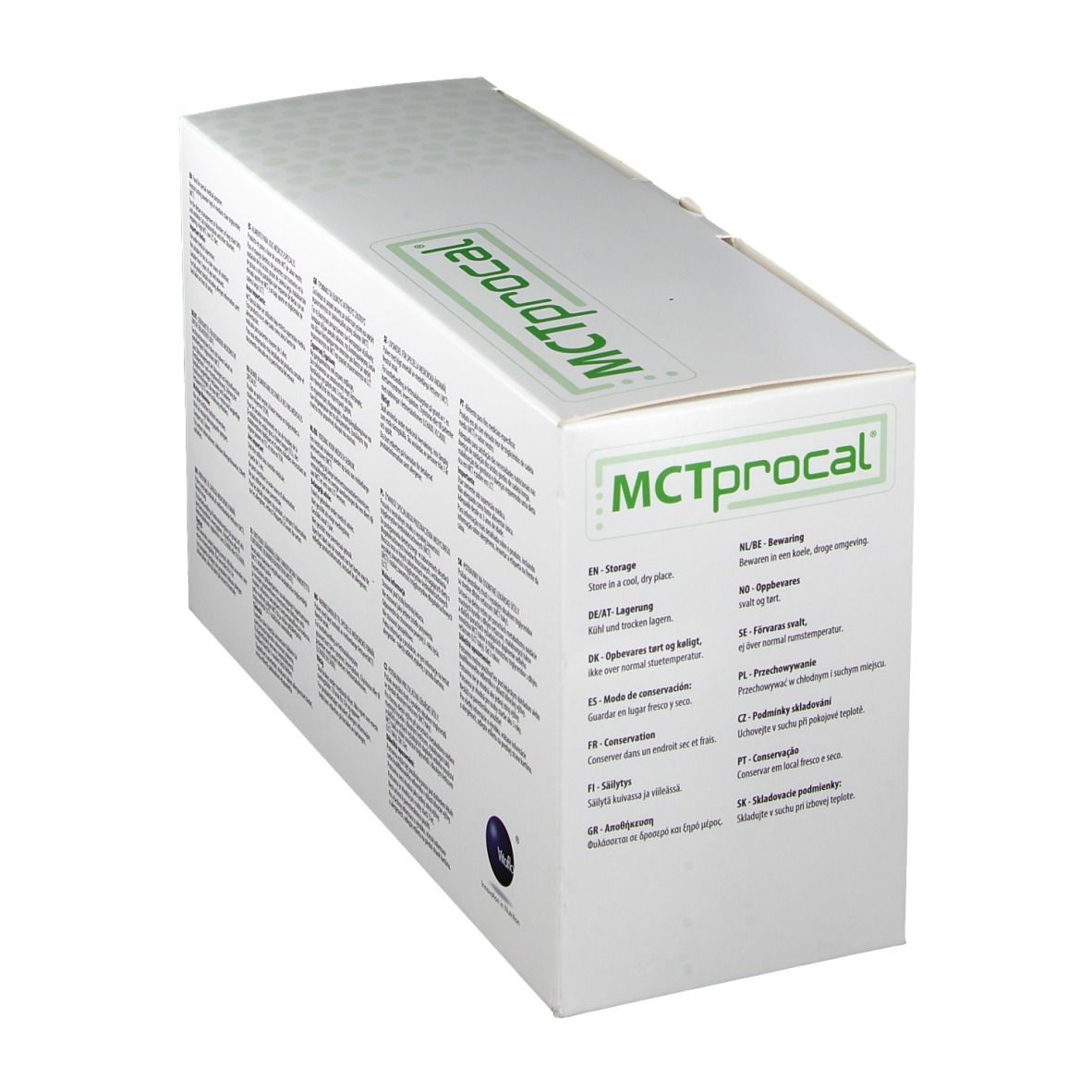 Confezione in cartone con cornice verde e scritta MCTprocal. Retro con testo in più lingue. Logo.