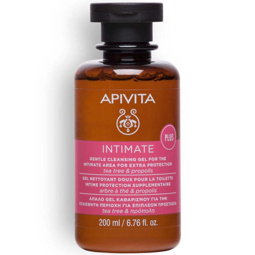 Flacone marrone con tappo nero. Etichetta rosa con testo: Intimate, 200 ml. Marchio: APIVITA.