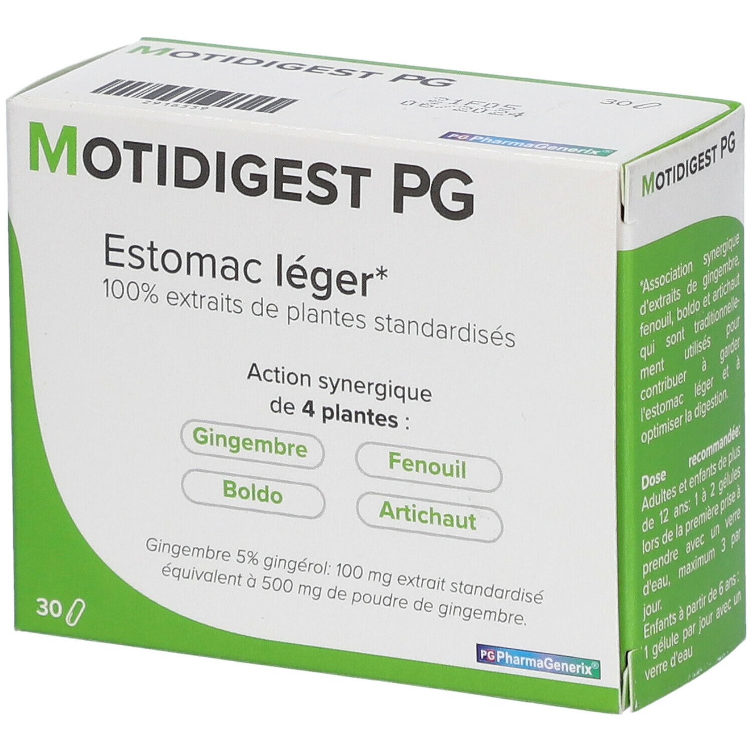 Confezione di Motidigest PG. Scritta: Estomac léger, 100% estratti di piante standardizzate. Contiene 30 capsule.