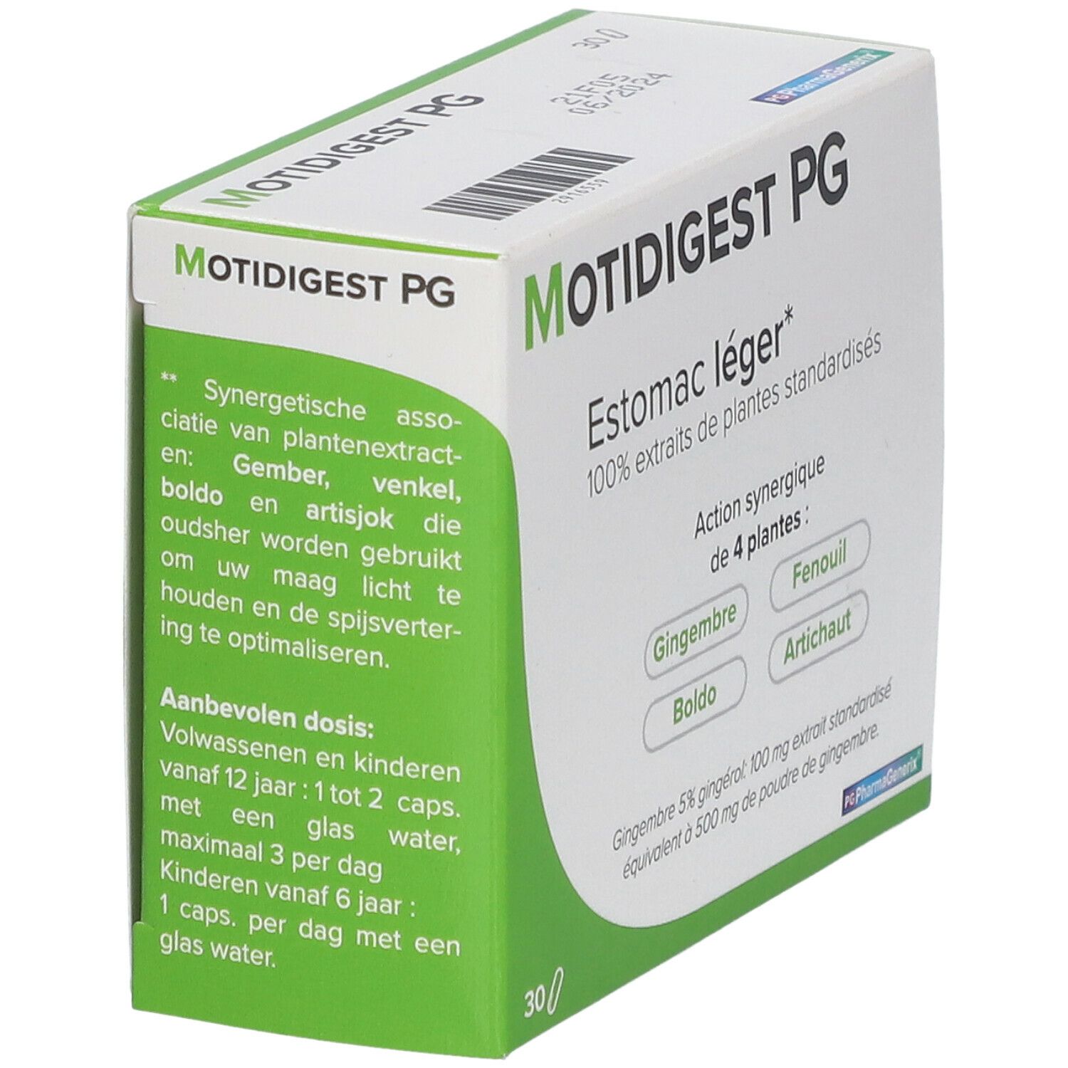 Confezione di Motidigest PG. Scritta: Estomac léger, 100% estratti di piante standardizzate. Contiene 30 capsule.