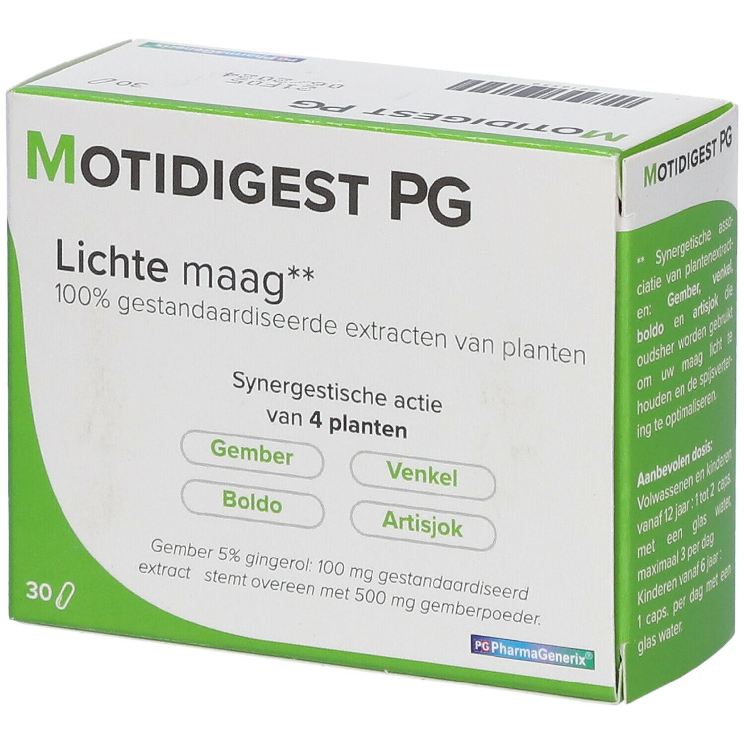 Confezione di Motidigest PG. Scritta: Lichte maag, 100% estratti di piante standardizzate. Contiene 30 capsule.