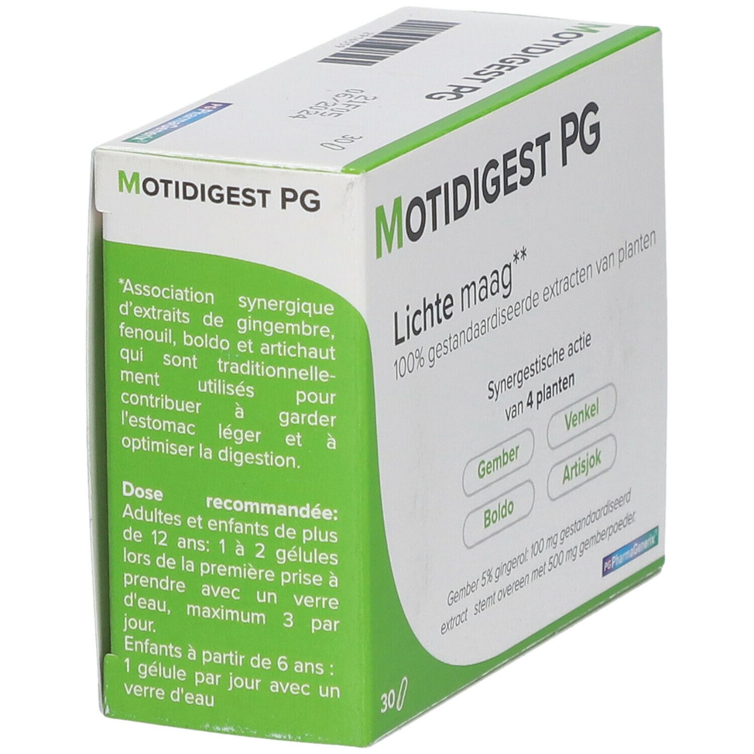 Confezione di Motidigest PG. Scritta: Lichte maag, 100% estratti di piante standardizzate. Contiene 30 capsule.
