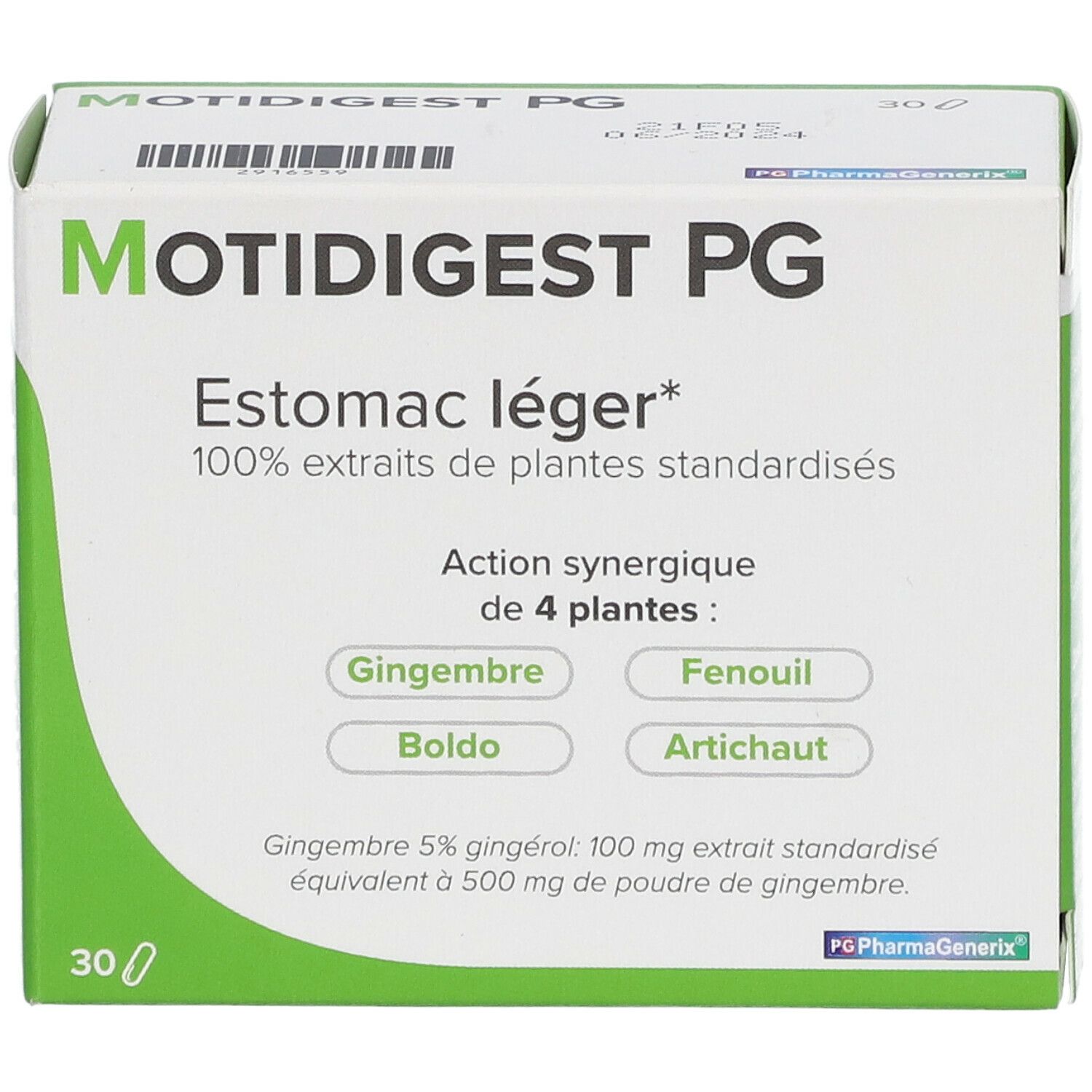 Confezione di Motidigest PG. Scritta: Estomac léger, 100% estratti di piante standardizzate. Contiene 30 capsule.