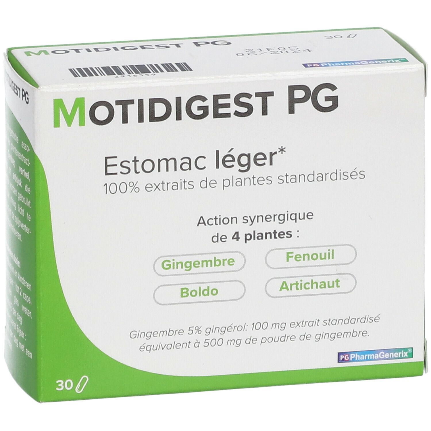 Confezione di Motidigest PG. Scritta: Estomac léger, 100% estratti di piante standardizzate. Contiene 30 capsule.