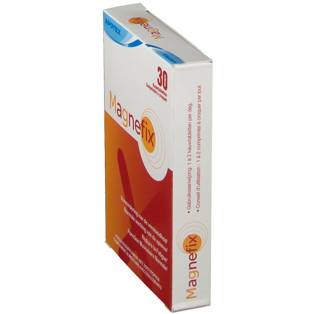 Scatola Magnefix, vista laterale. Design arancione e bianco, nome del prodotto e 30 compresse. Testo multilingue.