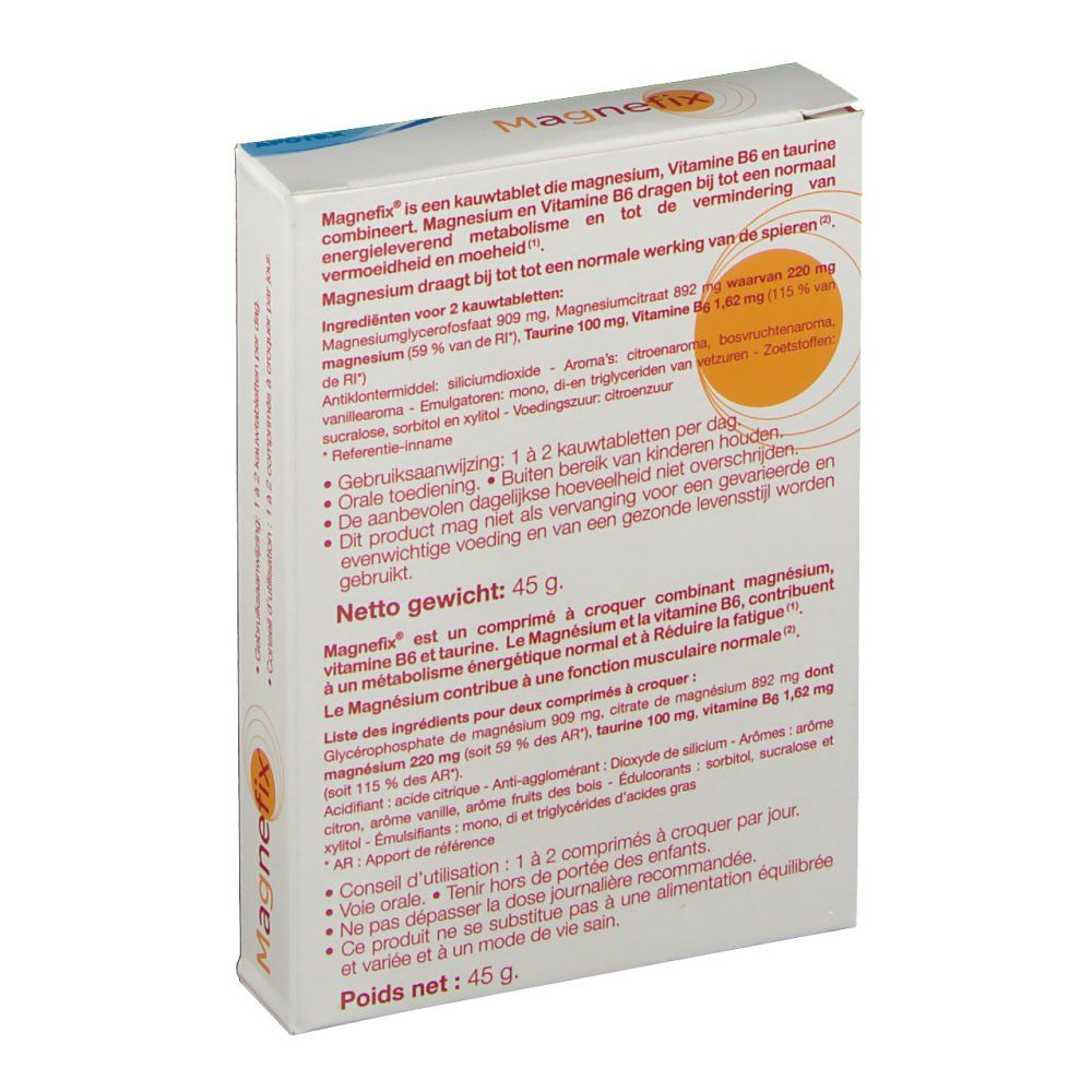 Retro della scatola Magnefix. Contiene ingredienti, istruzioni per l'uso e peso netto di 45g. Testo multilingue.