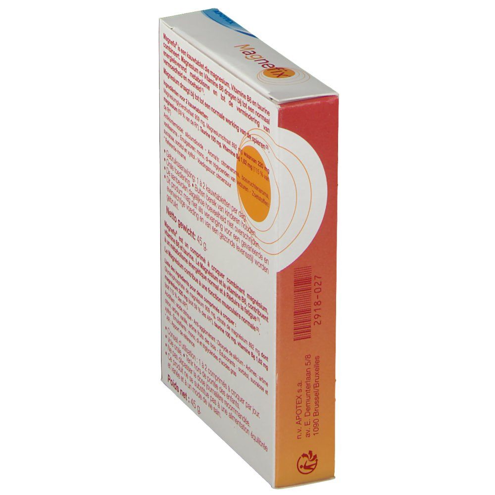 Vista laterale della scatola Magnefix. Contiene testo, codice a barre e indirizzo del produttore. Design arancione e bianco.