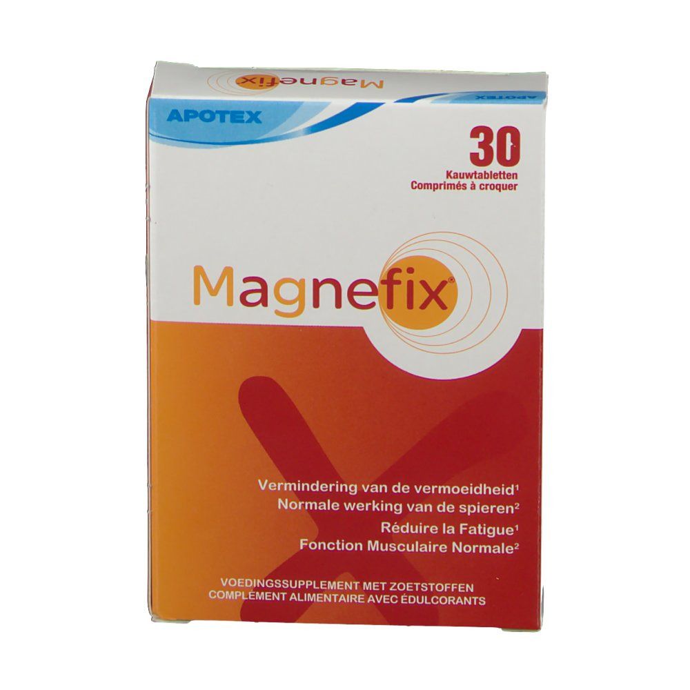 Vista frontale della scatola Magnefix. Design arancione e bianco, nome del prodotto e 30 compresse. Testo multilingue.