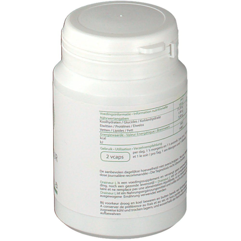 Flacone bianco con coperchio. Retro con informazioni nutrizionali e dosaggio.