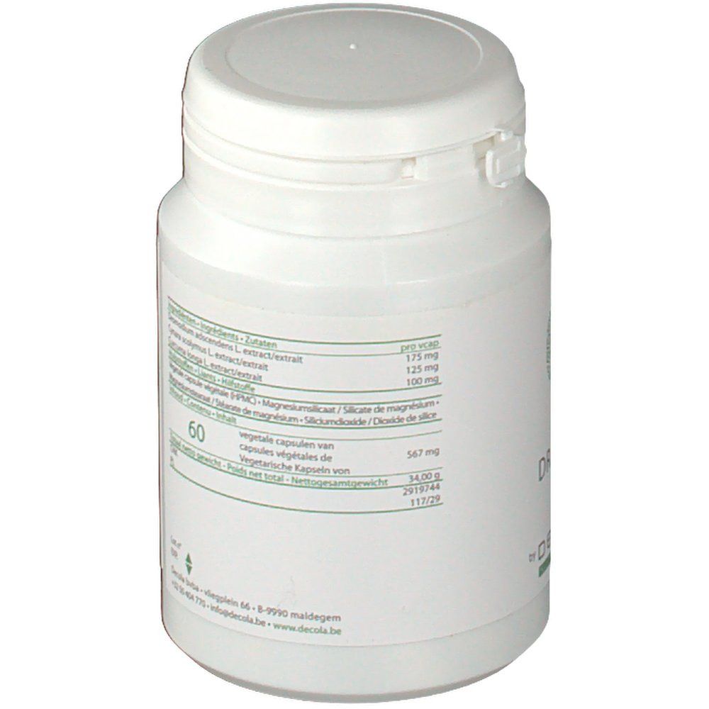 Flacone bianco con coperchio. Retro con elenco ingredienti e informazioni nutrizionali.