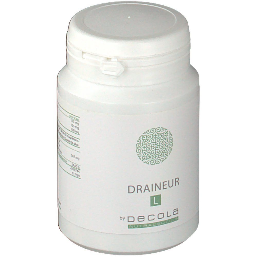 Flacone bianco con coperchio. Scritta: Draineur L by Decola. Logo verde.