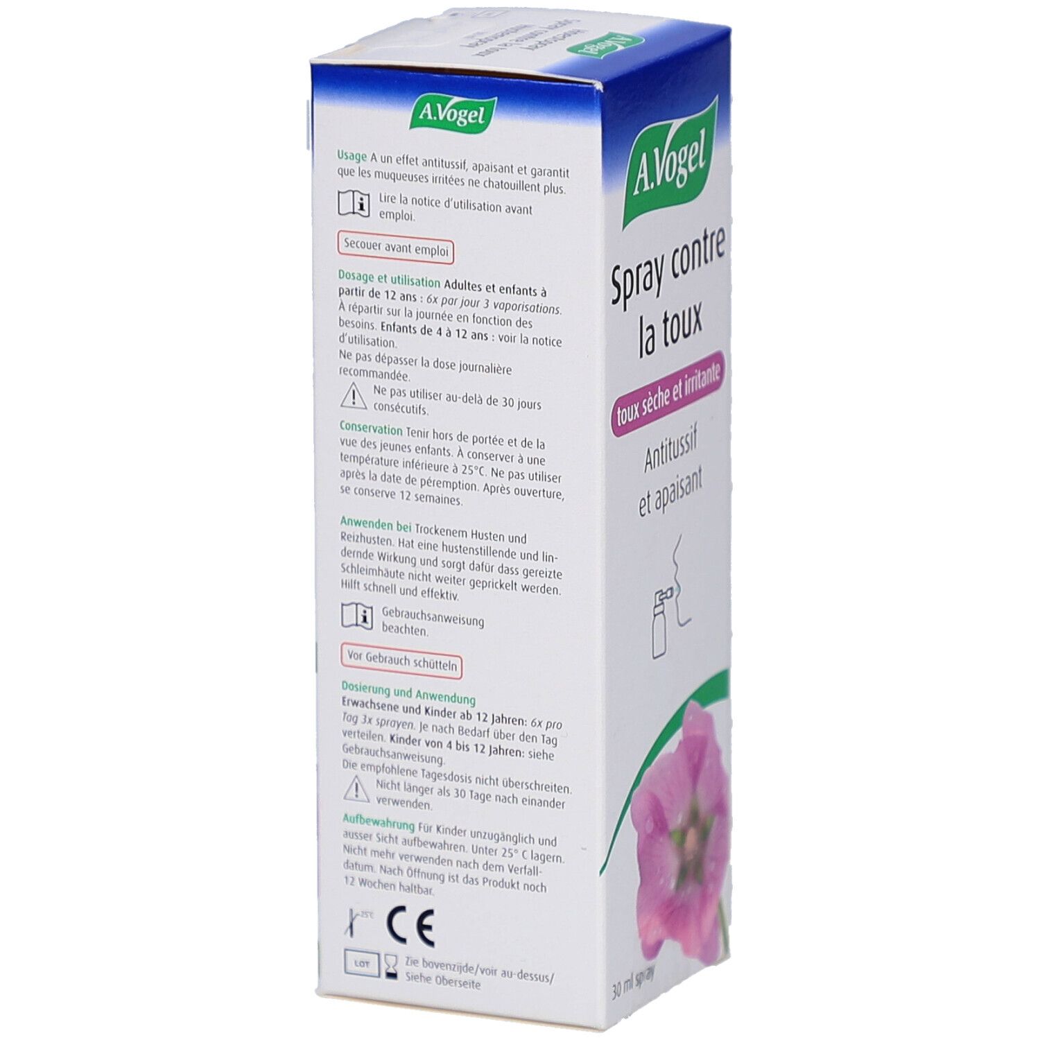 Retro della confezione A.Vogel Spray. Testo in francese. Informazioni sull'uso e sugli ingredienti.