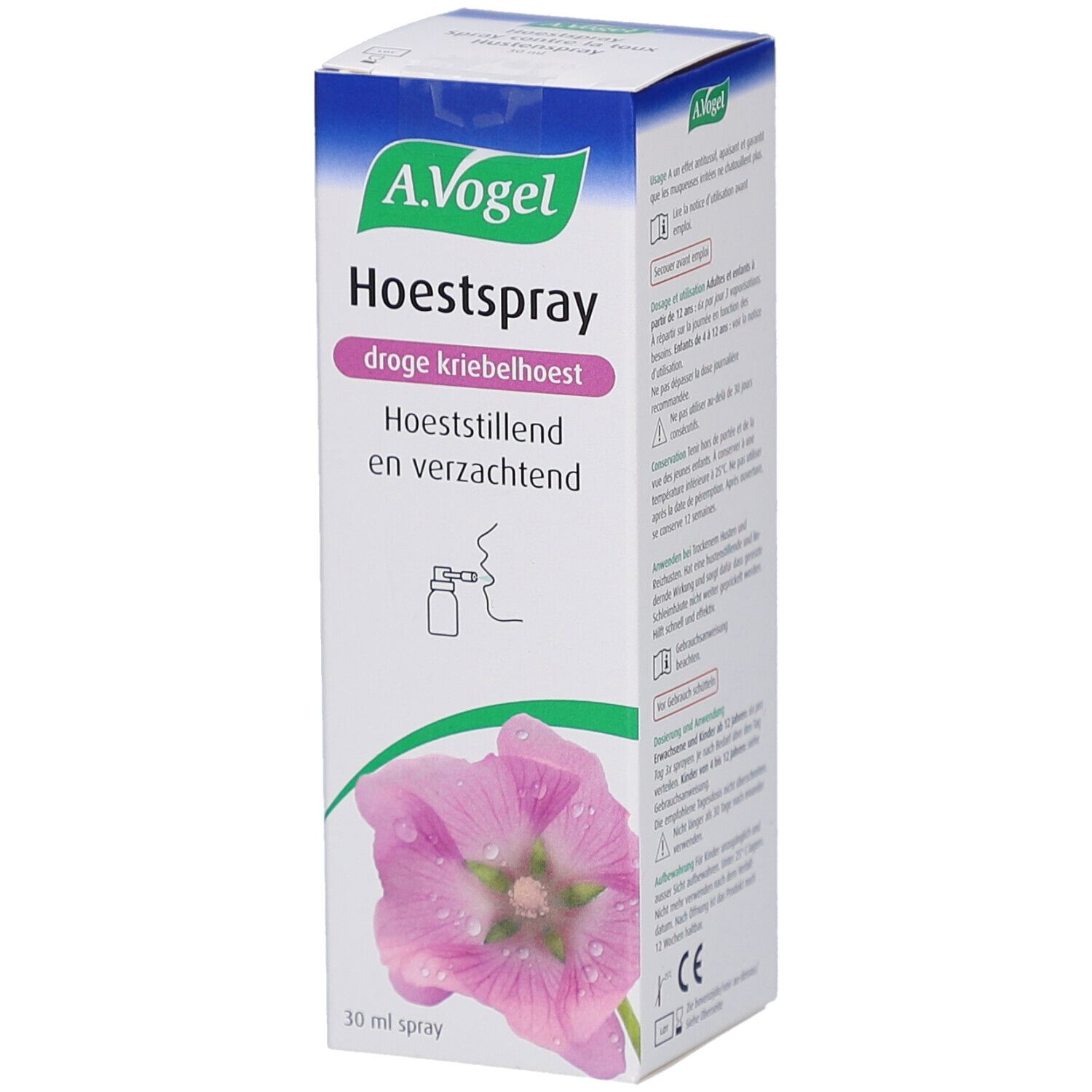 Confezione A.Vogel Hoestspray. Testo in olandese. Nome del prodotto e illustrazione floreale. Logo A.Vogel.