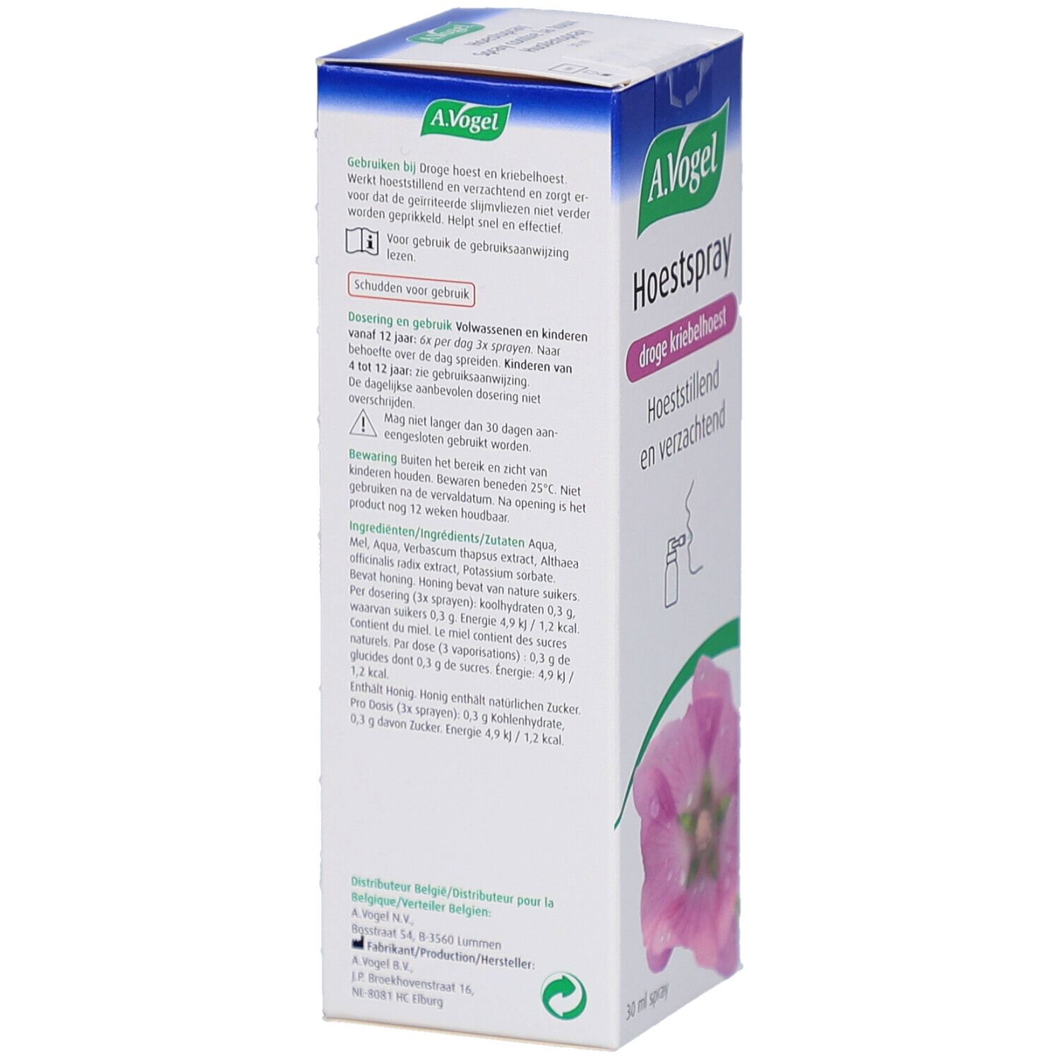 Retro della confezione A.Vogel Hoestspray. Testo in olandese. Informazioni sull'uso e sugli ingredienti.