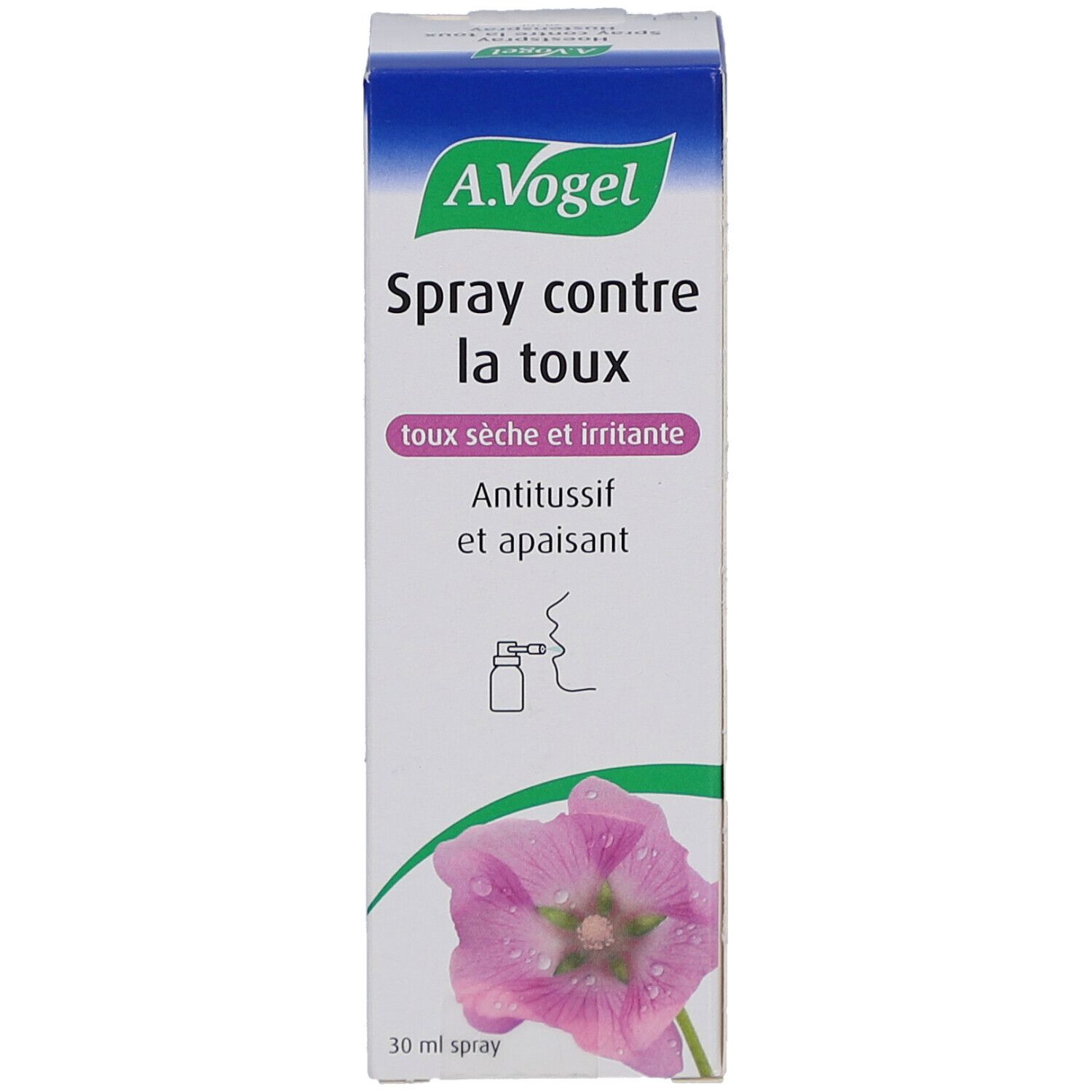 Scatola bianca A.Vogel Spray contro la tosse. Testo in francese. Illustrazione floreale. Logo A.Vogel in alto.