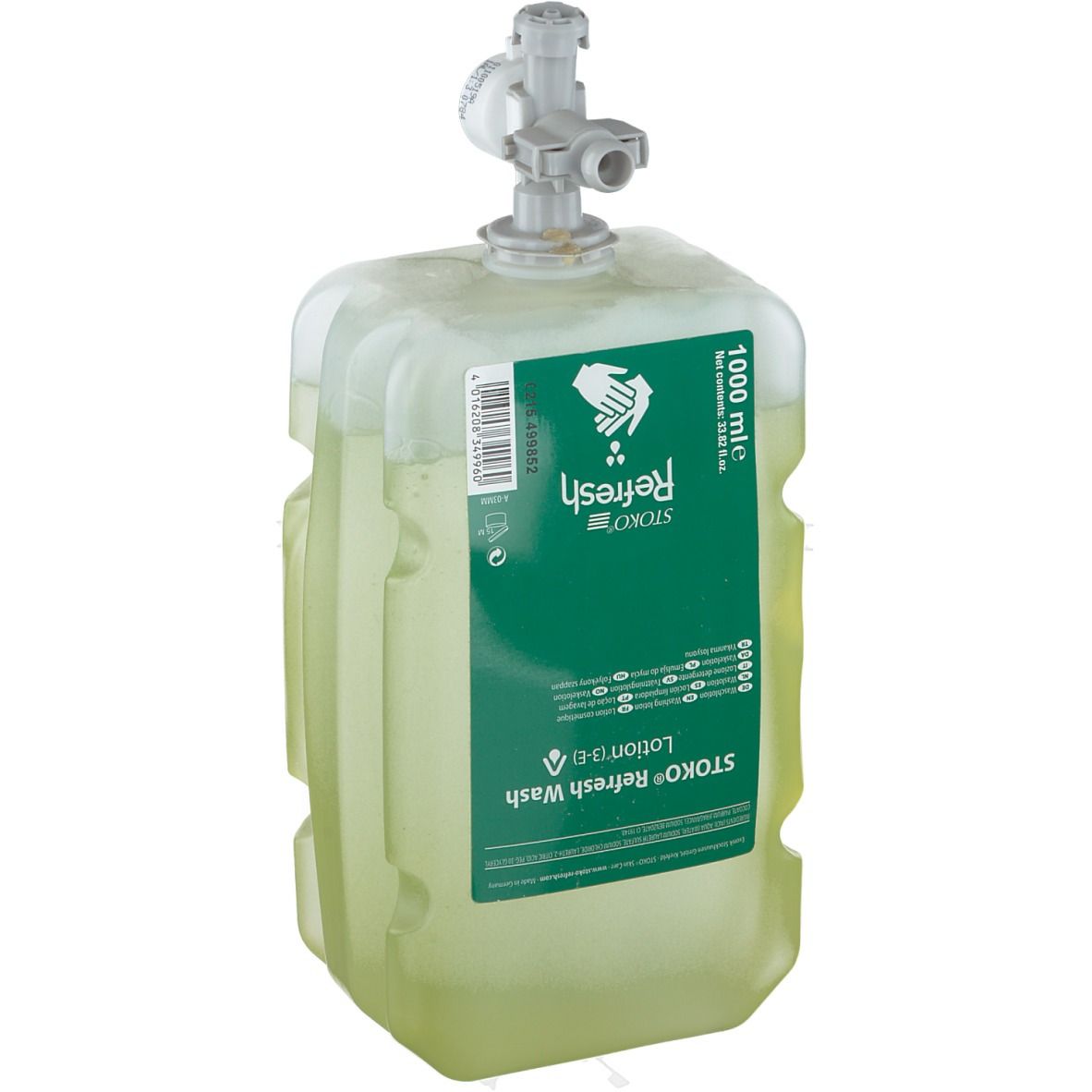 Contenitore di lozione verde con dispenser. Scritta: STOKO Refresh Wash Lotion. Volume: 1000 ml.