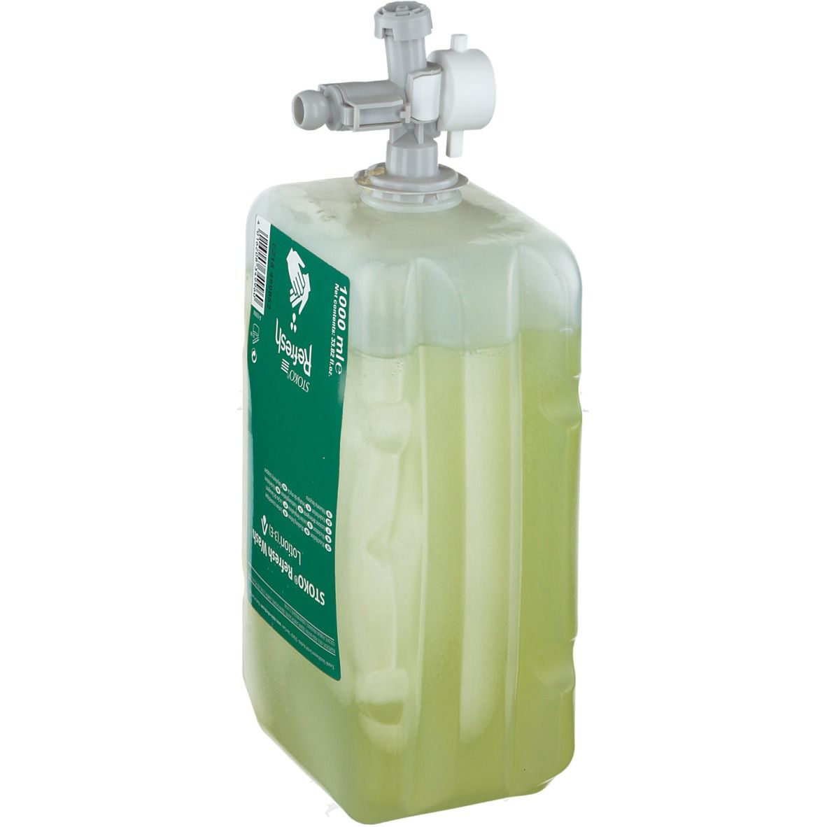 Contenitore di lozione verde con dispenser. Scritta: STOKO Refresh Wash Lotion. Volume: 1000 ml.