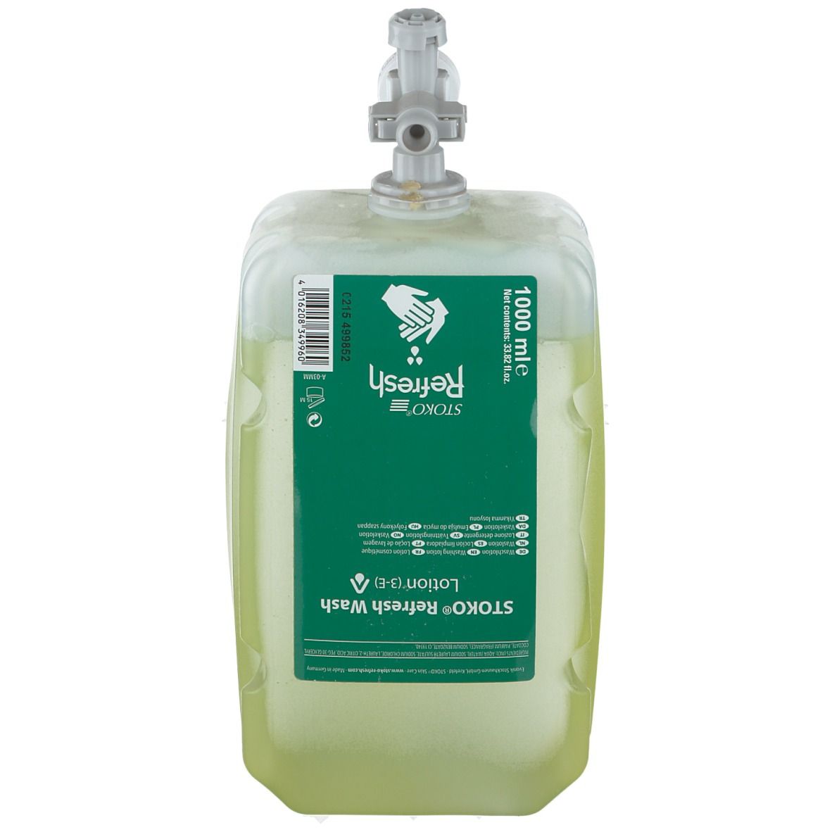 Contenitore di lozione verde con dispenser. Scritta: STOKO Refresh Wash Lotion. Volume: 1000 ml.