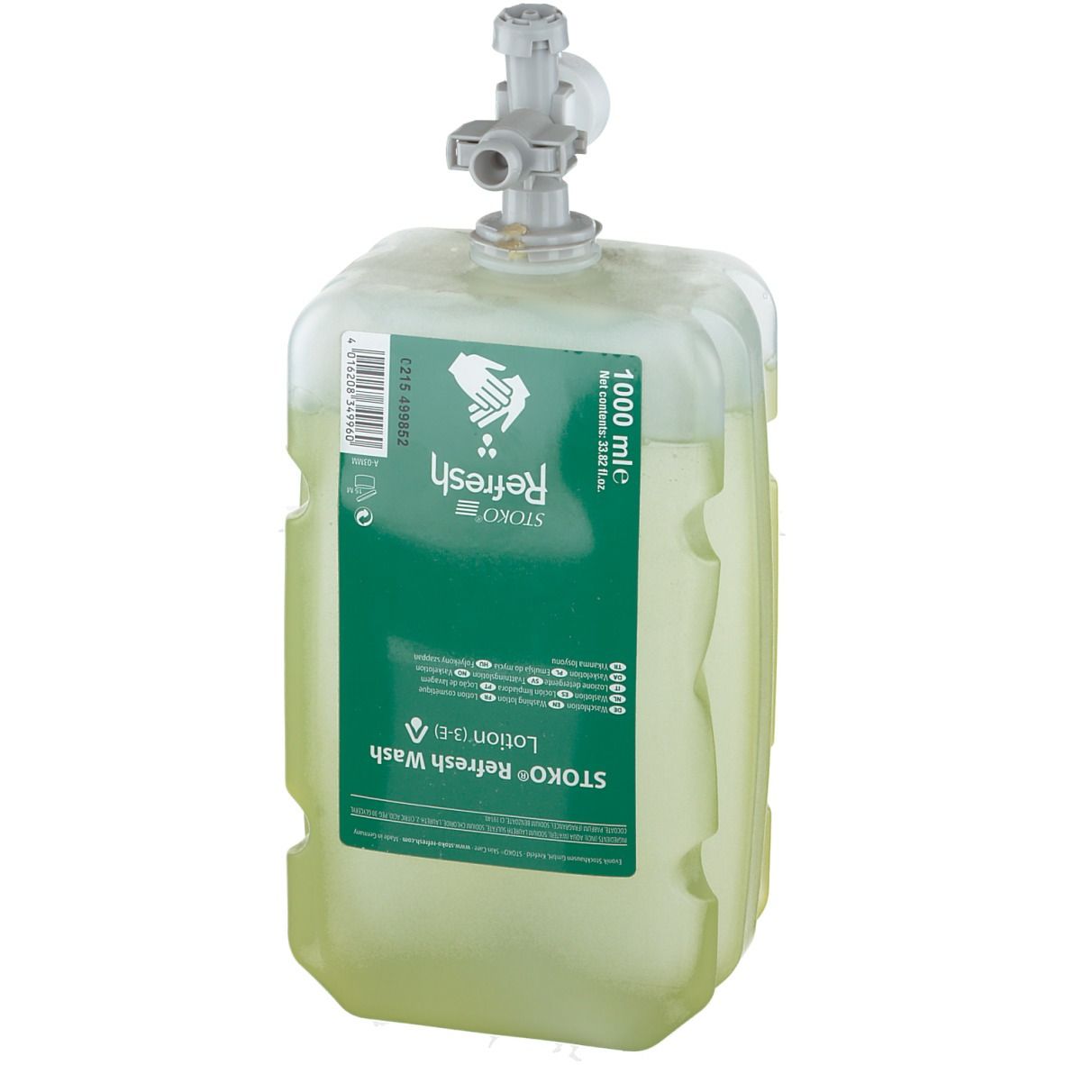 Contenitore di lozione verde con dispenser. Scritta: STOKO Refresh Wash Lotion. Volume: 1000 ml.