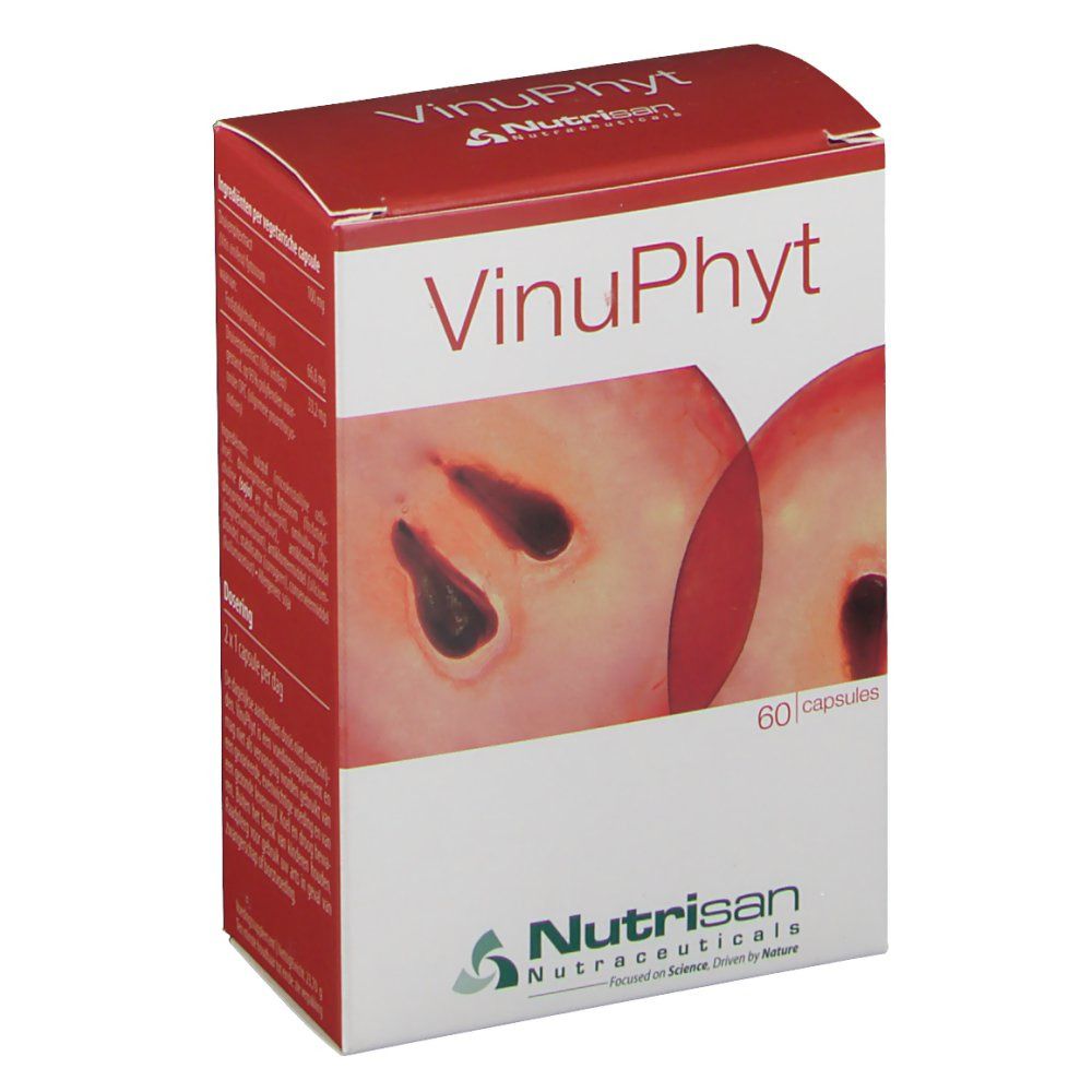 Confezione VinuPhyt con immagine di uva tagliata. Contiene 60 capsule. Marchio Nutrisan.