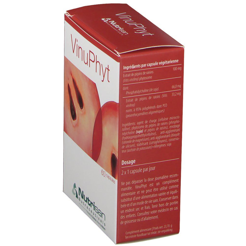 Vista laterale della confezione VinuPhyt. Testo in francese. Informazioni sugli ingredienti e dosaggio.