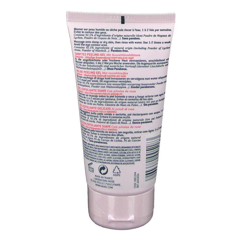 Retro del tubo. Testo in più lingue. Gelée exfoliante douce. Gel esfoliante delicato con petali di rosa. Per pelli sensibili.