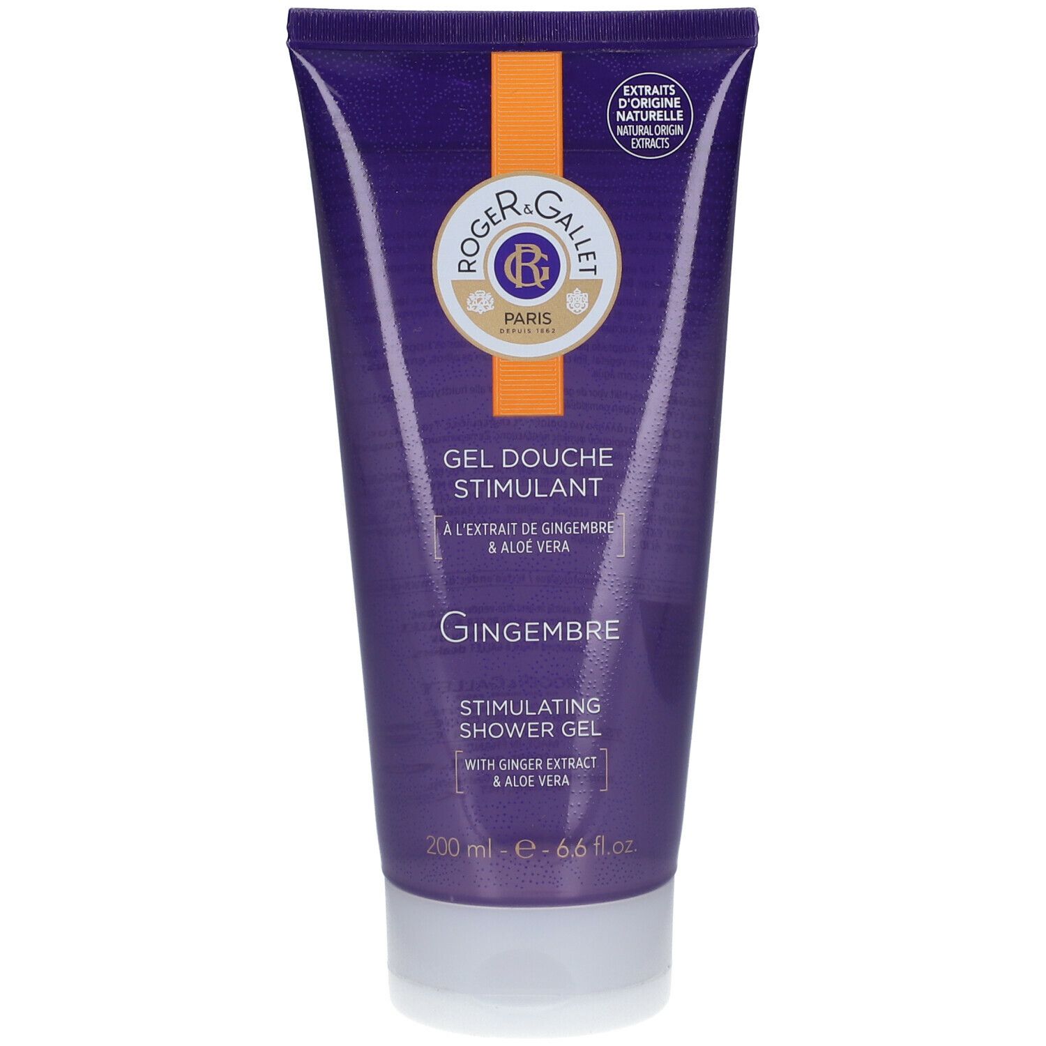 Tubo viola con tappo bianco. Scritta: Roger & Gallet, Gingembre, gel doccia stimolante. Contiene estratto di zenzero e aloe vera. 200 ml.