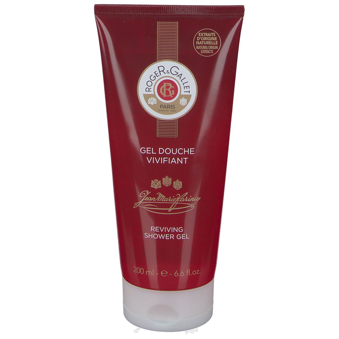 Tubo rosso trasparente con tappo bianco. Scritta: Roger & Gallet, Gel Douche Vivifiant, Jean Marie Farina, Reviving Shower Gel.