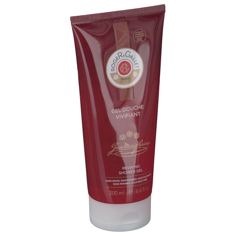 Tubo rosso trasparente con tappo bianco. Scritta: Roger & Gallet, Gel Douche Vivifiant, Jean Marie Farina, Reviving Shower Gel.