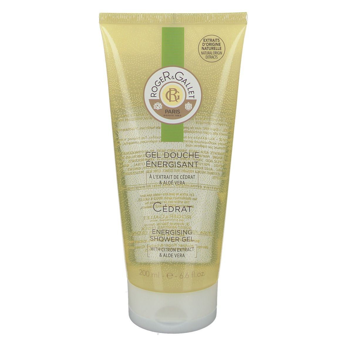 Tubo di gel doccia giallo trasparente. Testo: Roger & Gallet, Gel Douche Énergisant, Cédrat. 200 ml.