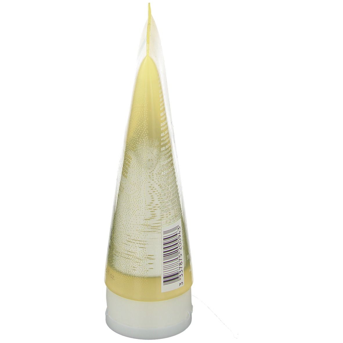Vista laterale del tubo di gel doccia. Tubo giallo trasparente con base bianca. Codice a barre visibile.