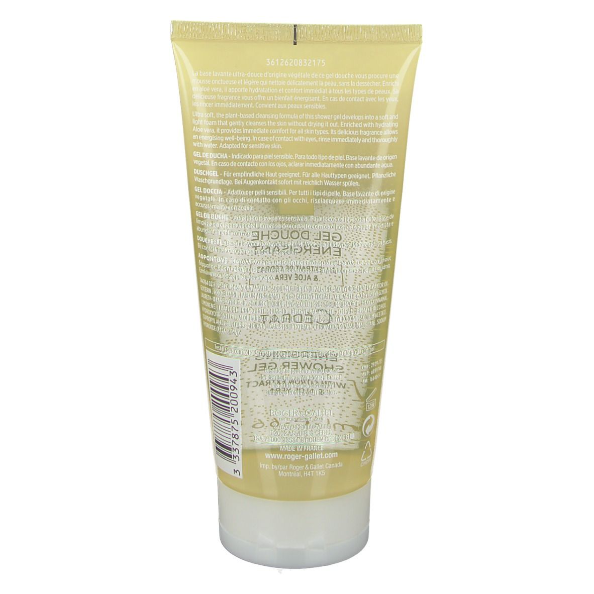 Retro del tubo di gel doccia. Tubo giallo trasparente con testo. Codice a barre e ingredienti.