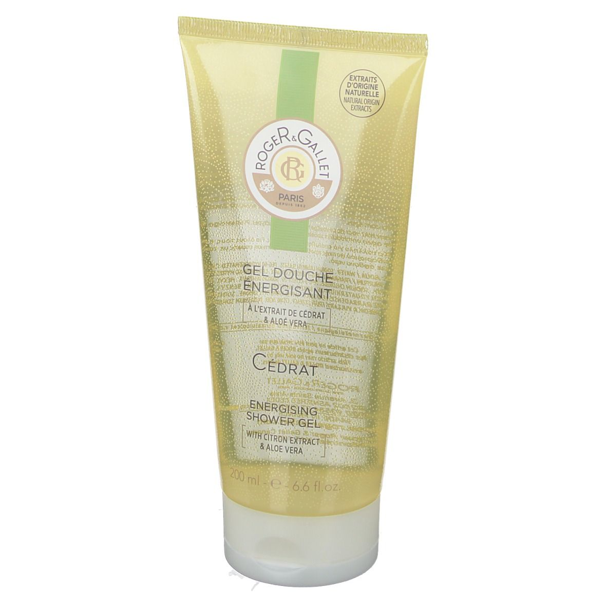 Tubo di gel doccia giallo trasparente. Testo: Roger & Gallet, Gel Douche Énergisant, Cédrat. 200 ml.